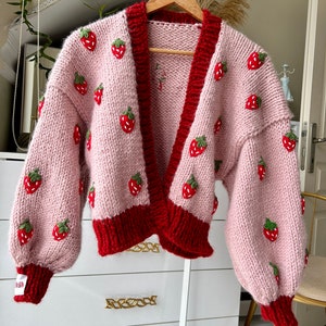 Leilayca , strawberry cardigan  ,Cute knitted sweater , Strawberry embroidered sweater, fruit embroidered sweater, christmas gifts for women