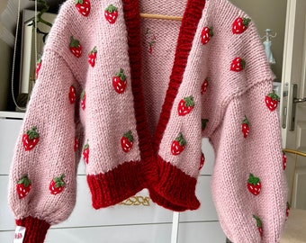 Leilayca , strawberry cardigan  ,Cute knitted sweater , Strawberry embroidered sweater, fruit embroidered sweater, christmas gifts for women