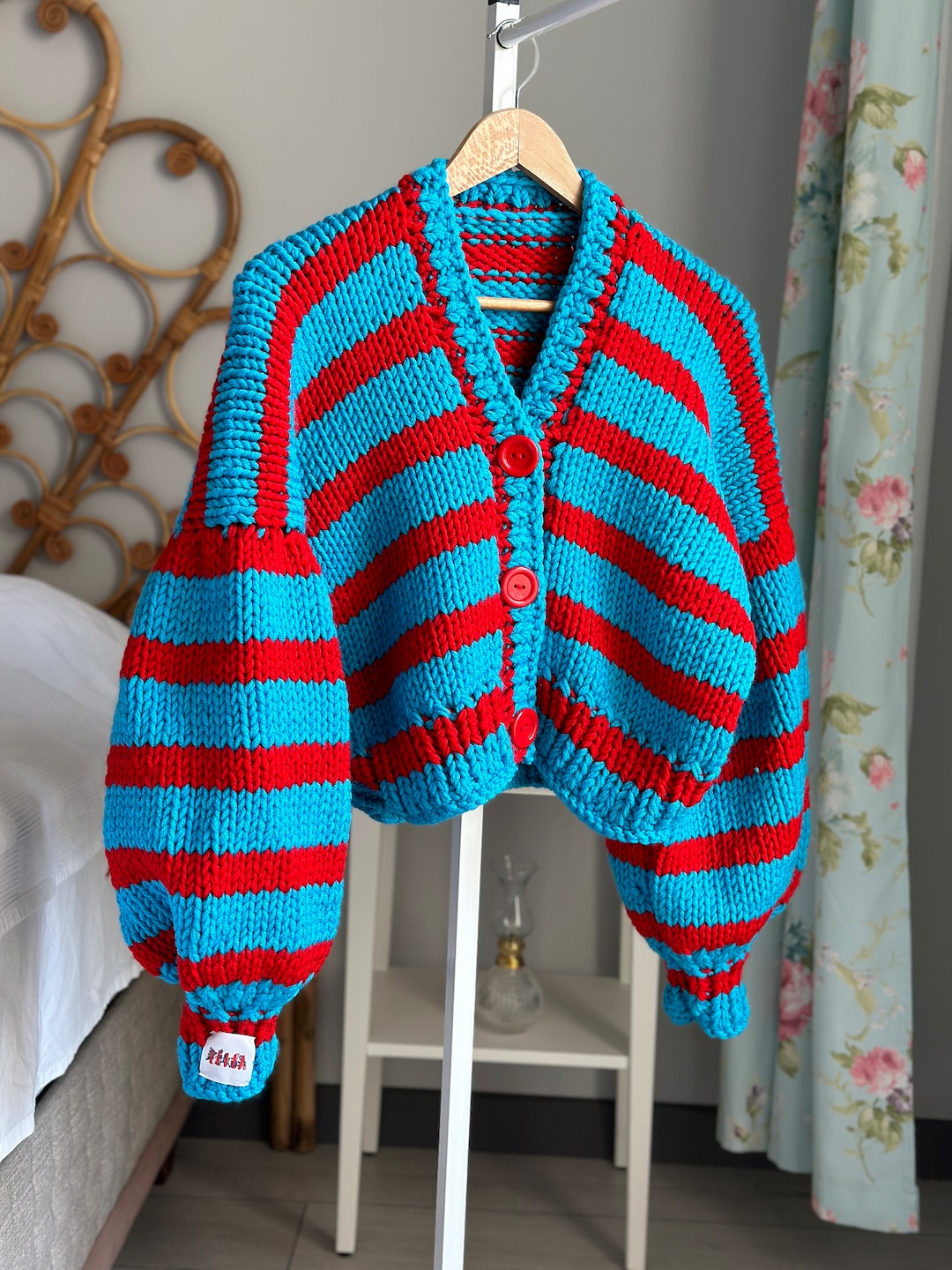 Blue/red Striped Balloon Sleeve Oversize Cardigan, Women's