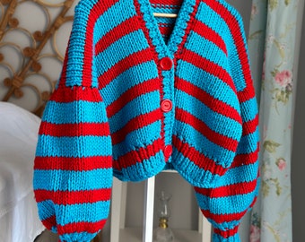 blau / rot gestreifte Ballonärmel Oversize Strickjacke, Frauen Strickwaren, Vintage bunt gestreifte Strickjacke, Weihnachtsgeschenke für Frau,