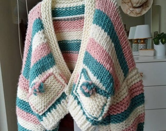 90er Jahre Gestreifter Cardigan mit Ballonärmeln in kraus rechts gestrickter Grobstrick Strickjacke