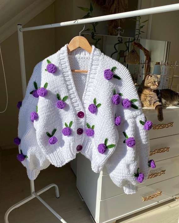 Leilayca Purple Roses Cardigan , Chunky Cropped Cardigan for Woman