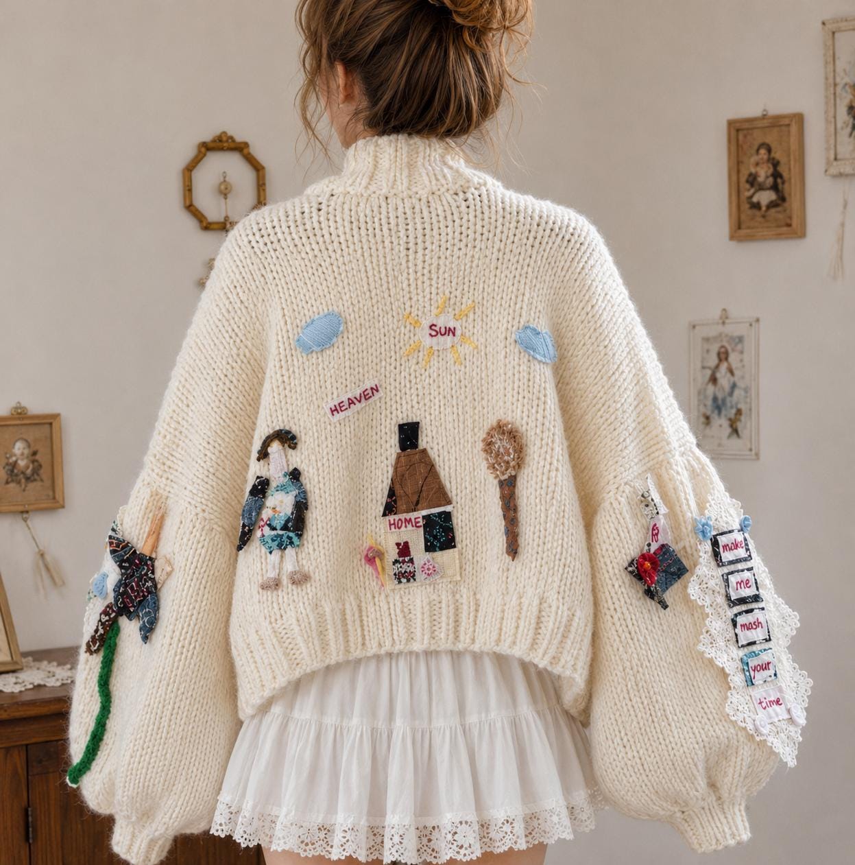 Handmade Oversized Patchwork Cardigan, Chunky Knit Cottagecore 