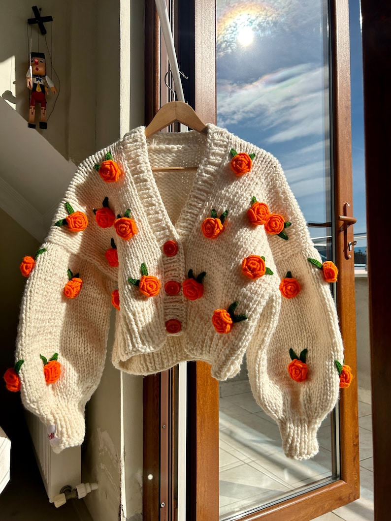 Leilayca Passion Roses Ecru Cropped Cardigan With Orange - Etsy