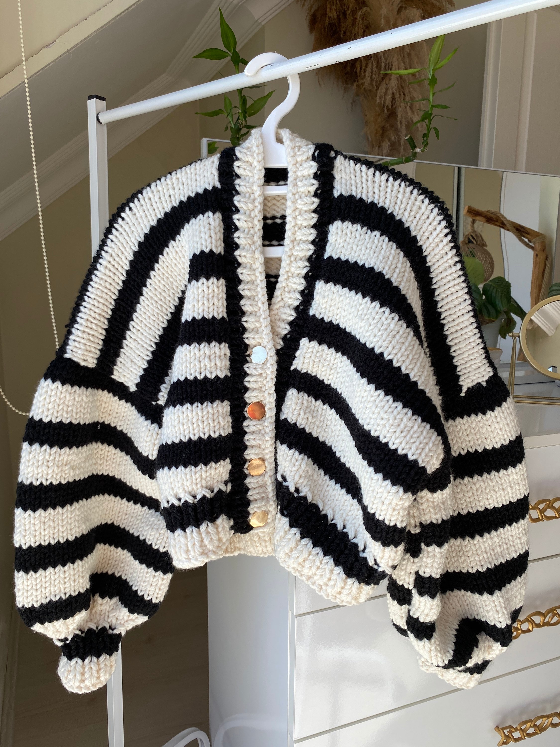 Hand Knit Zebra Stripe Crop Cardigan, Oversized Chunky Knit 