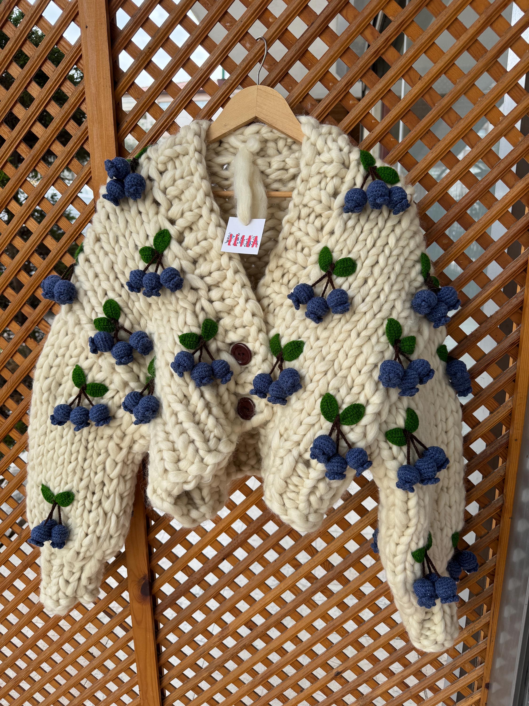 Merino Wool Blueberry Jacket, Chunky Knit Cardigan,blueberry Inspired ...