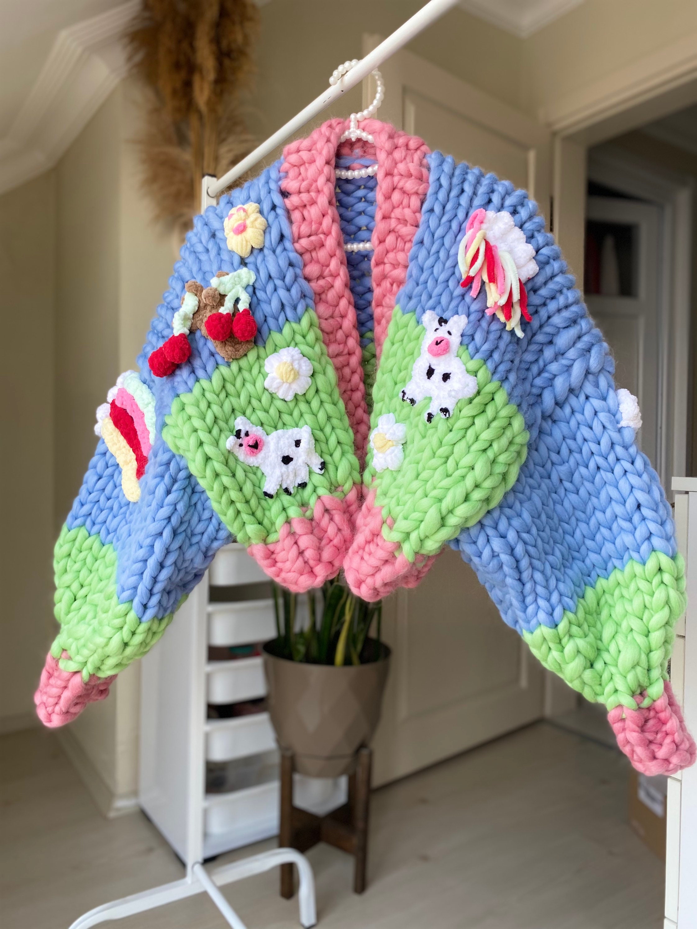 Hand Knit Farm Cardigan, Sheep & Daisy Chunky Knit Sweater, Oversized Pastel Wool Cardigan, Cottagecore Statement Jacket