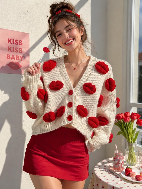 Chunky Knit Lips Cardigan, Handmade Oversized Kiss Sweater, Red