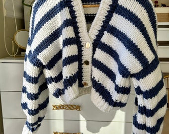 Leilayca tawny blue balloon sleeve crop striped knit jacket , Oversize Striped Knit Cardigan , Unique Gift For Woman ,