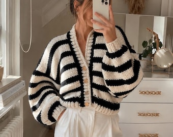 Hand Knit Zebra Stripe Crop Cardigan, Oversized Chunky Knit
