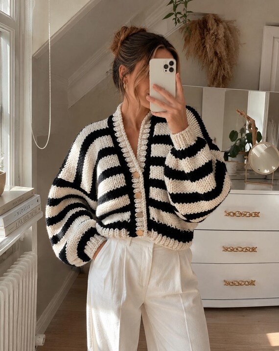 Hand Knit Zebra Stripe Crop Cardigan, Oversized Chunky Knit