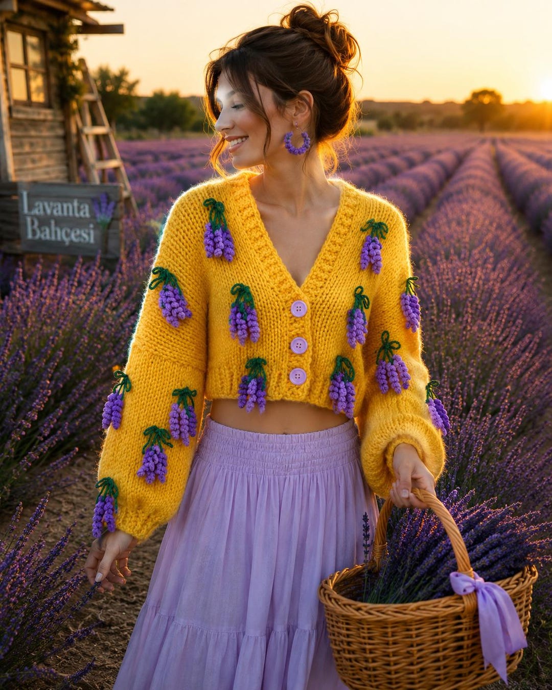 Lavender Flower Knit Cardigan, Mustard Yellow Chunky Crop Cardigan