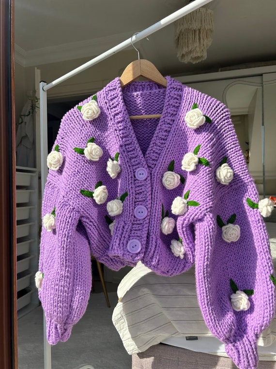 Lilac/ecru Roses Chunky Cropped Cardigan for Woman , Lilac Sweater
