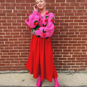 Cherry Candy, Pink Cherry Cardigan, Weihnachtsgeschenke, Pink Cardigan Mit Roter Kirsche, Vintage Kleidung, Rosa Strickjacke, Einzigartige Kleidung
