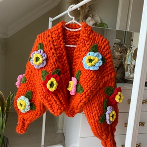 Leilayca,Orange blossom , Chunky Knit Cardigan, fluffy Cardigan, 3d fluffy knit jacket ,unique, Multicolored Floral Sweater for woman , gift