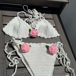 leilayca pink rose crochet bikini,Triangle Crochet Bikini Set,Crochet Bathing Suit,Crochet Swimsuit,Gypsy Bohemian Bikini,Brazilian Bikini