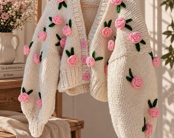 Leilayca Pink Roses Cardigan , Chunky Cropped Cardigan for Woman