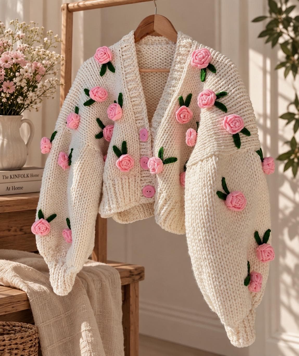 Leilayca Pink Roses Cardigan , Chunky Cropped Cardigan for Woman
