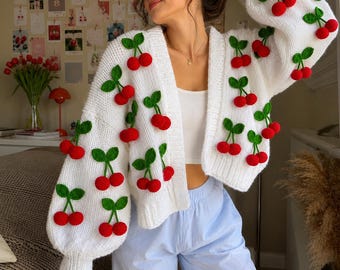Handmade Cherry Cardigan, Chunky Knit Crop Sweater, Cottagecore Crochet Cardigan, Coquette Aesthetic Gift, Cherry Lover
