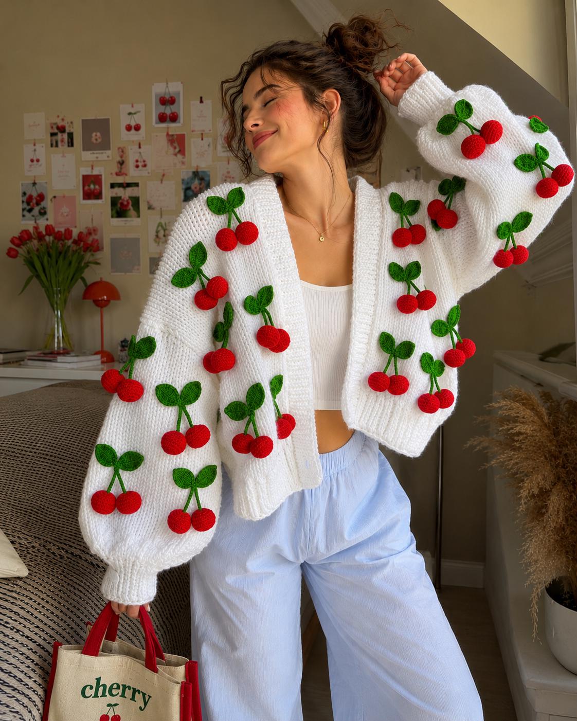 Handmade Cherry Cardigan, Chunky Knit Crop Sweater, Cottagecore
