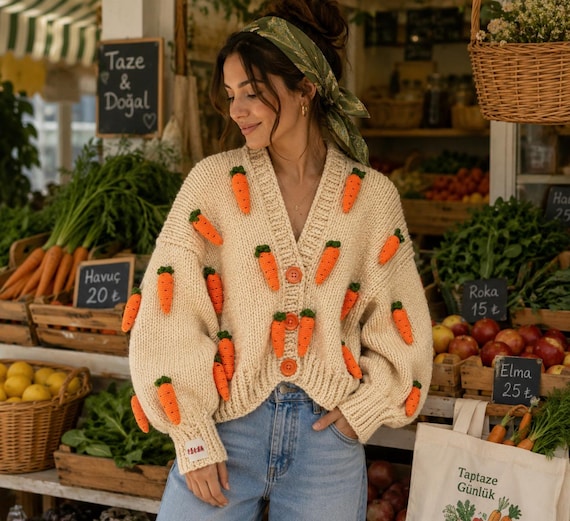 Handmade Carrot Cardigan, Oversized Chunky Knit Sweater