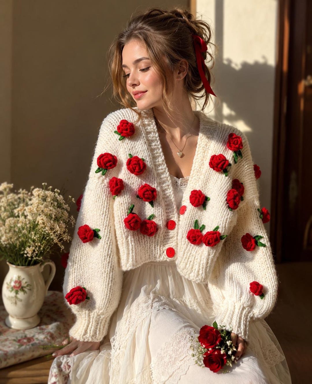 Crochet Red Rose Cardigan, Handmade Floral Knit Cardigan