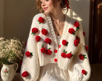 Crochet Red Rose Cardigan, Handmade Floral Knit Cardigan, Oversized Chunky Knit Sweater, Cottagecore Romantic Cardigan, Gift for Her