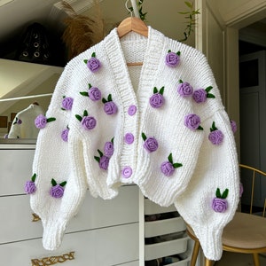 Leilayca First Love Lilac Cardigan , Chunky Cropped Cardigan For Woman , White Sweater With Lilac flowers , Unique gift for women ,Aesthetic