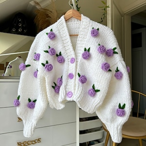 Leilayca First Love Lilac Cardigan , Chunky Cropped Cardigan For Woman , White Sweater With Lilac flowers , Unique gift for women ,Aesthetic