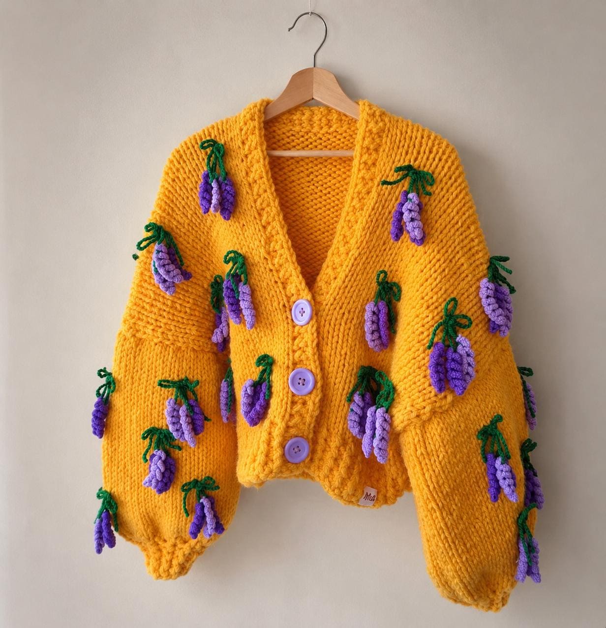 Lavender Flower Knit Cardigan, Mustard Yellow Chunky Crop Cardigan