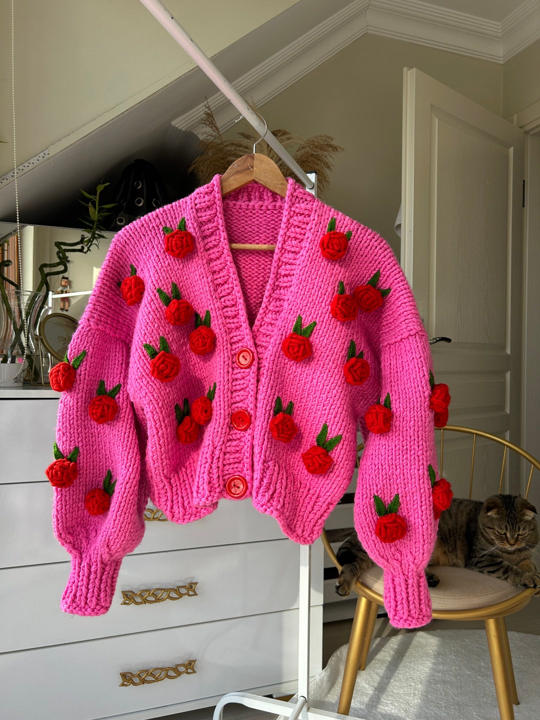 Pink Retro Cardigan,chunky Cropped Cardigan for Woman,pink Sweater With ...