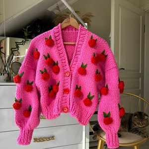 Crochet Jumbo Rose Cardigan, Pink Granny Square Cardigan Crochet Jumbo Rose Cardigan, Pink Granny Square Cardigan