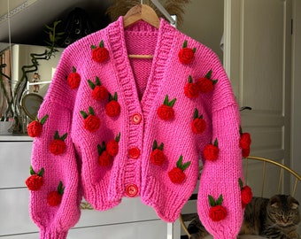 Pink Retro Cardigan,Chunky Cropped Cardigan For Woman,Pink Sweater With Red Rose, Unique valentine's day gifts for women, floral cardigan