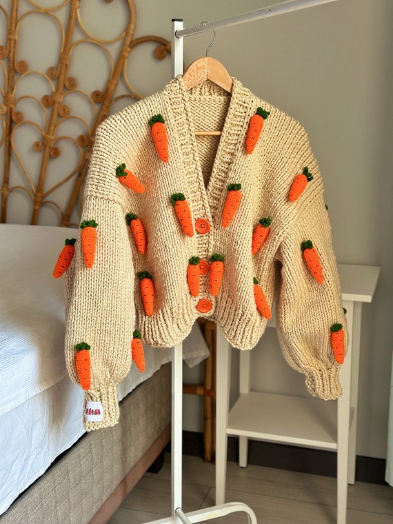 Leilayca Carrot Cardigan,3d Fruit Embroidered Cardigan , Orange