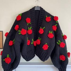 Leilayca,rosa ‘mister lincoln’ chunky jacket,rose embroidered jacket for woman,3d floral sweater, unique oversize cardigan,valentine's day
