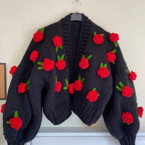 Leilayca、ローザ「ミスターリンカーン」チャンキージャケット、女性用ローズ刺繍ジャケット、3Dフローラルセーター、ユニークなオーバーサイズカーディガン、バレンタインデー