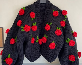 Leilayca Black Oversize Cardigan with Red Roses,Handmade Floral Knit Sweater,Statement Embroidered Rose Jacket,Boho Cottagecore Knitwear