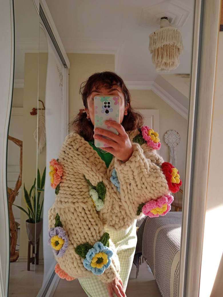 Leilayca,exotic Lotus Blossom , Chunky Knit Cardigan, Fluffy