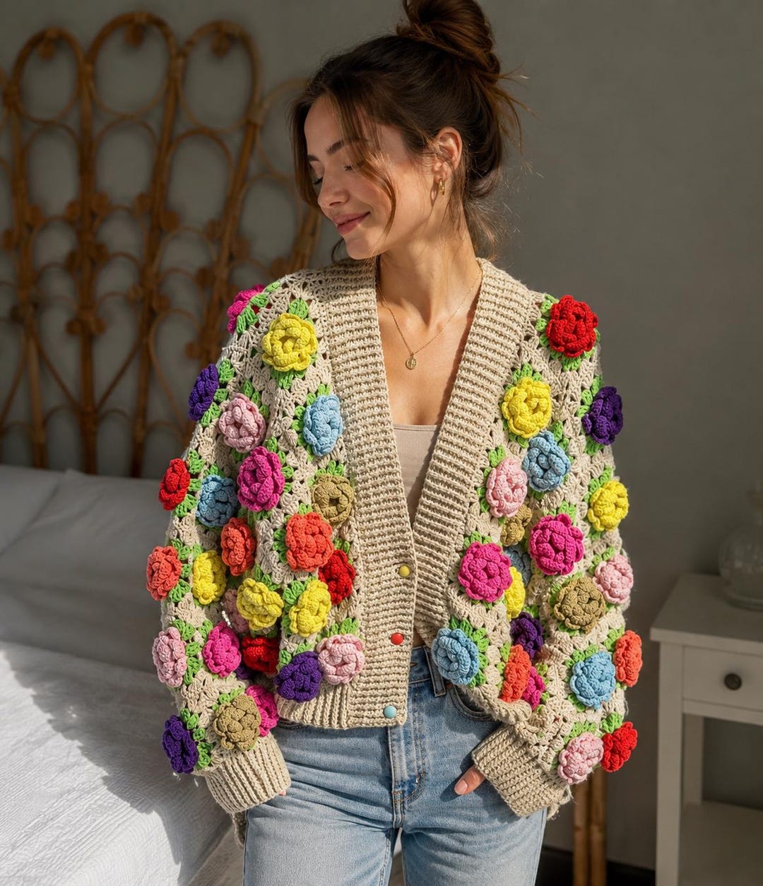 Colorful Floral Crochet Cardigan, Handmade Oversized Knit Cardigan