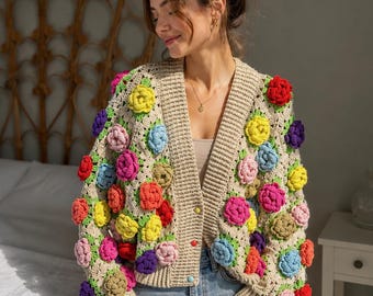 Colorful Floral Crochet Cardigan, Handmade Oversized Knit Cardigan