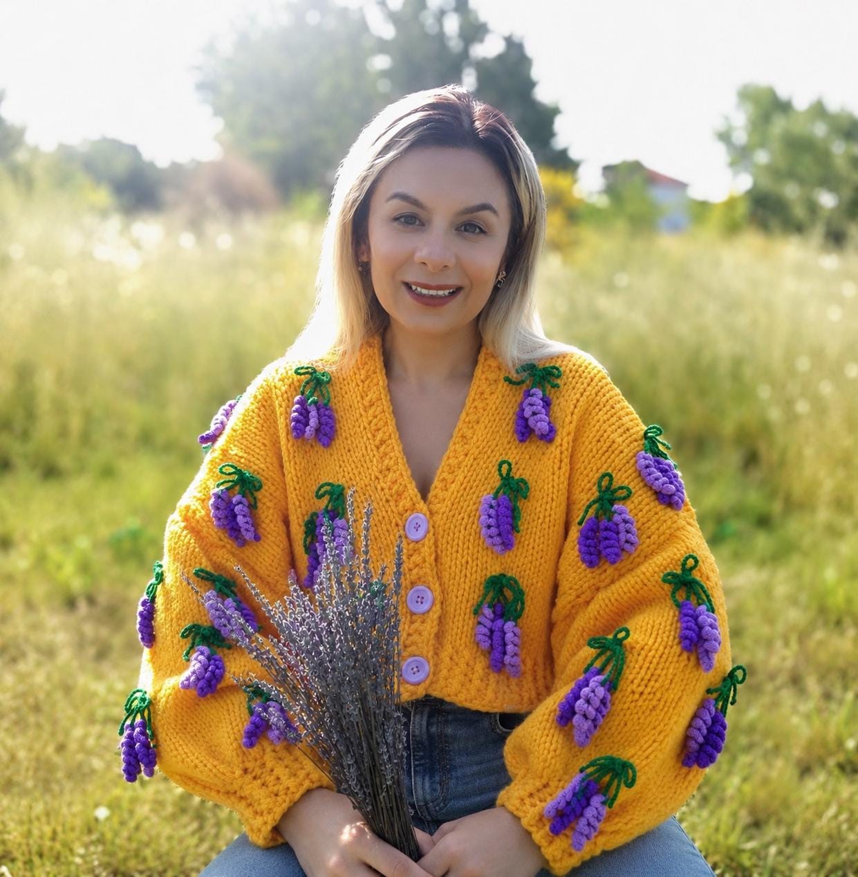 Lavender Flower Knit Cardigan, Mustard Yellow Chunky Crop Cardigan