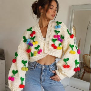Leilayca Candy cardigan , Crop Cherry cardigan ,3d Cherry embroidered chunky sweater , Oversize Knit Sweater , Chunky cardigan , unique gift