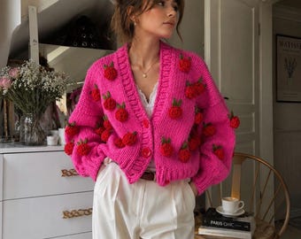 Cárdigan rosa retro, cárdigan grueso corto para mujer, suéter rosa con rosa roja, regalos únicos de San Valentín para mujeres, cárdigan floral