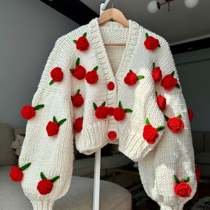 Summer Rose Red Rose rose Embroidered Knit Cardigan Woman - Etsy