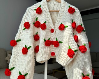 Summer Rose , Red Rose ,rose Embroidered Knit Cardigan