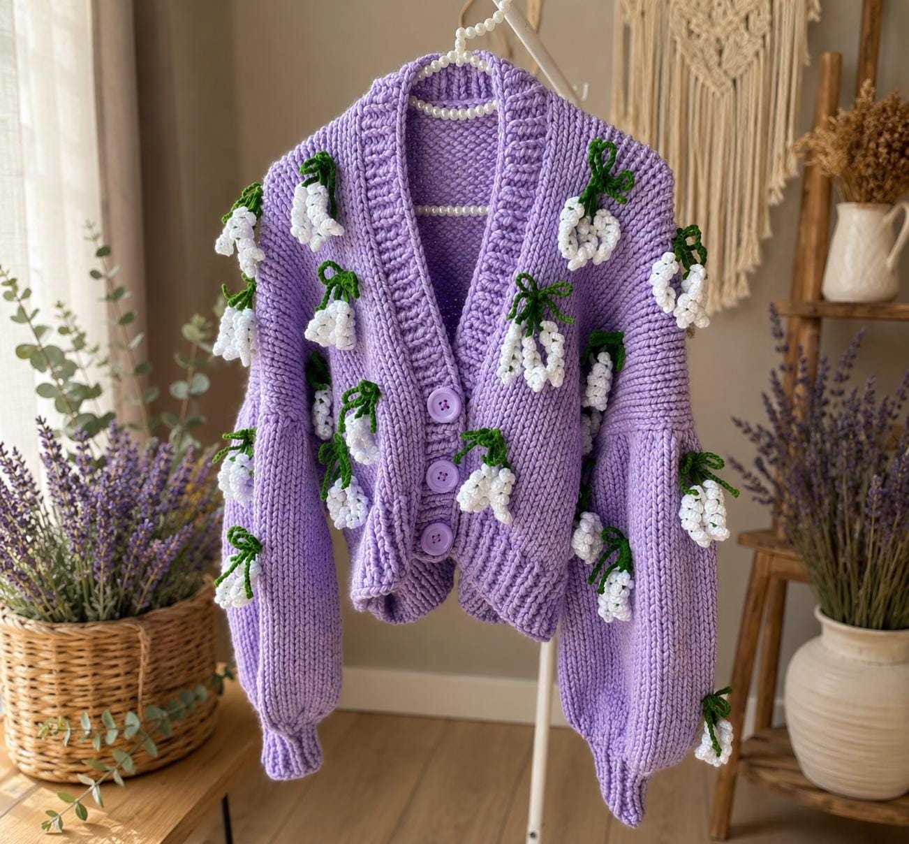 Handmade Lavender Cardigan With 3D Flowers, Chunky Knit Crop