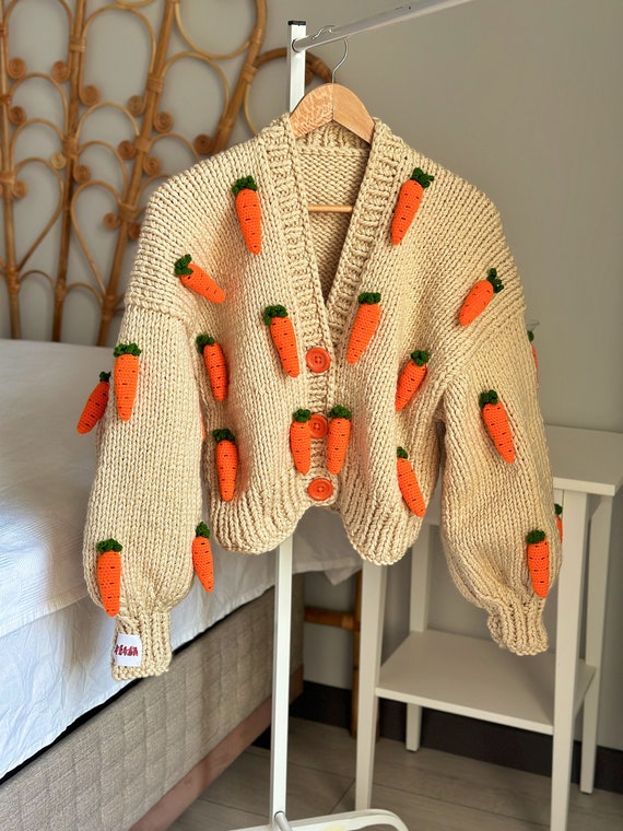 Leilayca Carrot Cardigan,3d Fruit Embroidered Cardigan , Orange