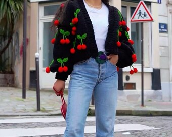 Leilayca, Black Cherry Knit Cardigan , 3d Red Cherry Embroidered