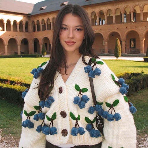 Leilayca Blueberry Knit Cardigan , Chunky Cropped Cardigan for