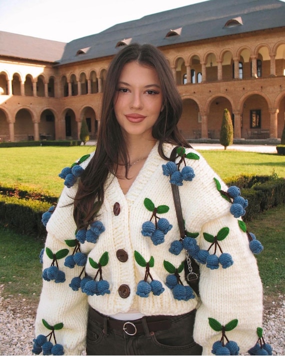 Leilayca Blueberry Knit Cardigan , Chunky Cropped Cardigan for